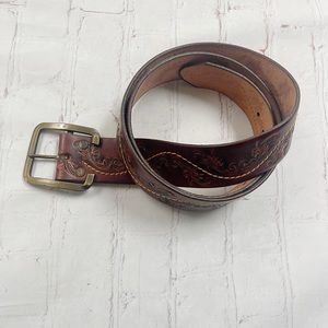 Mahogany brown leather tooled and embroidered belt with brass buckle 42